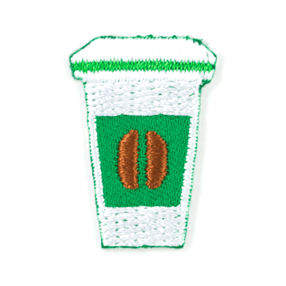 embroidered coffee cup with green sleeve and brown beans on a white background