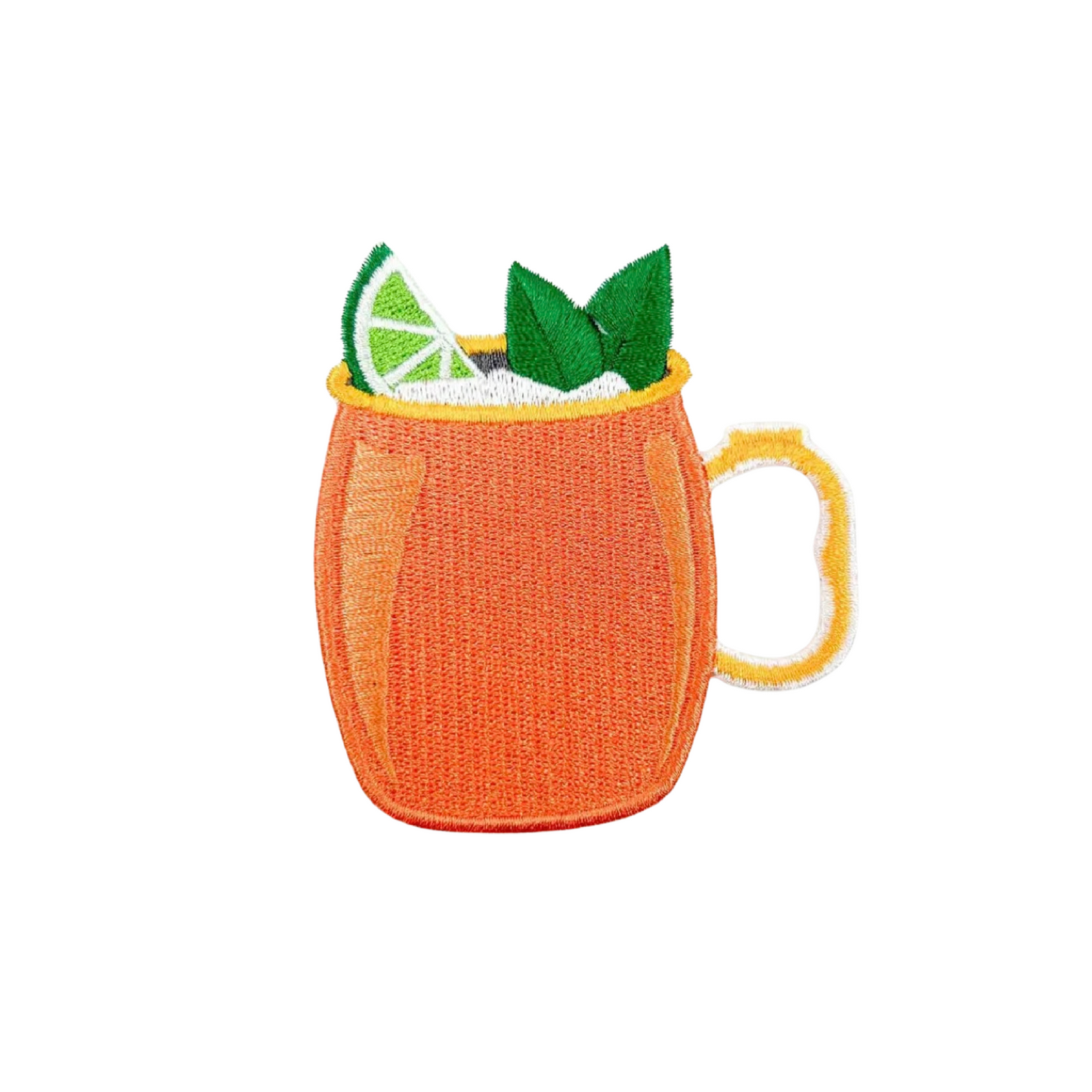 Embroidered design of an orange mug with a drink and garnishes on a white background