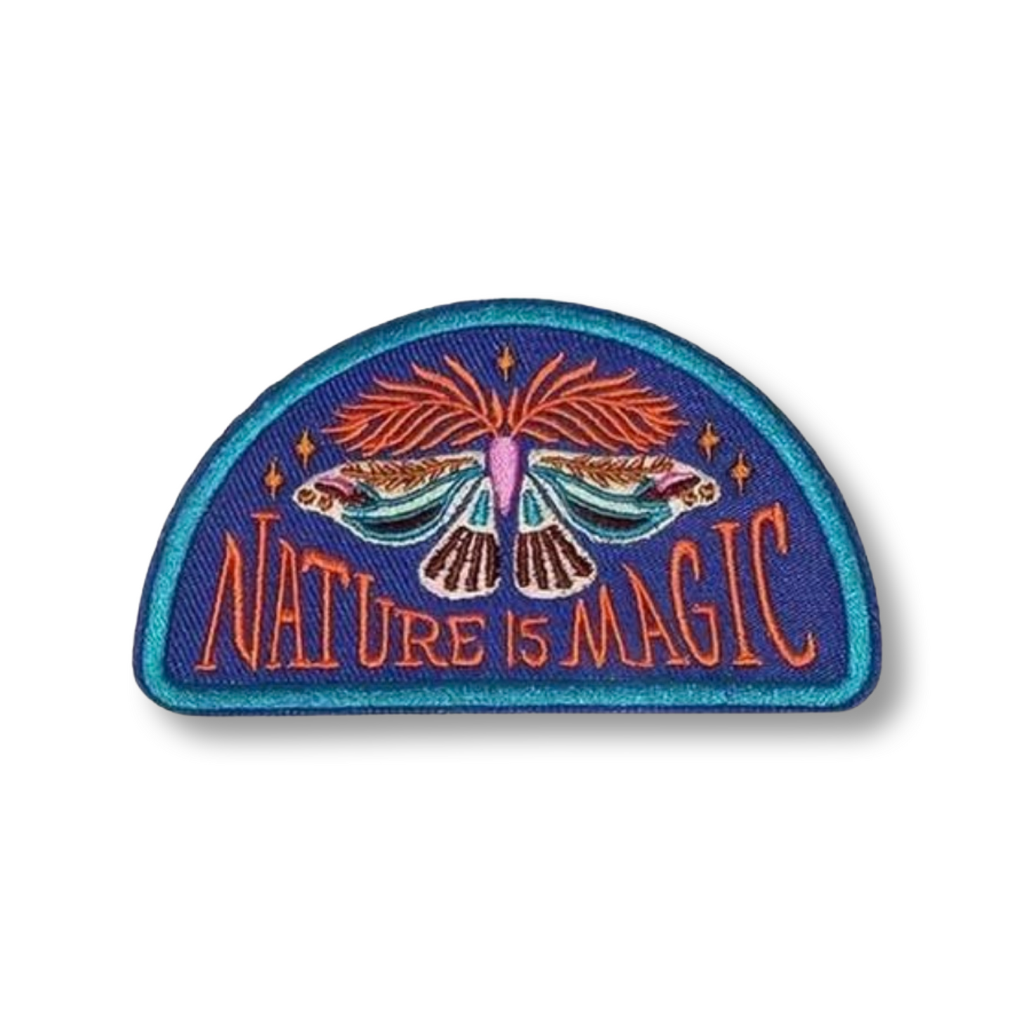 Embroidered patch with butterfly design and 'Nature is Magic' text on a white background