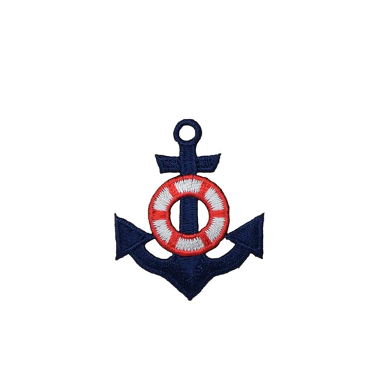 Embroidered anchor with life buoy on a beige fabric background