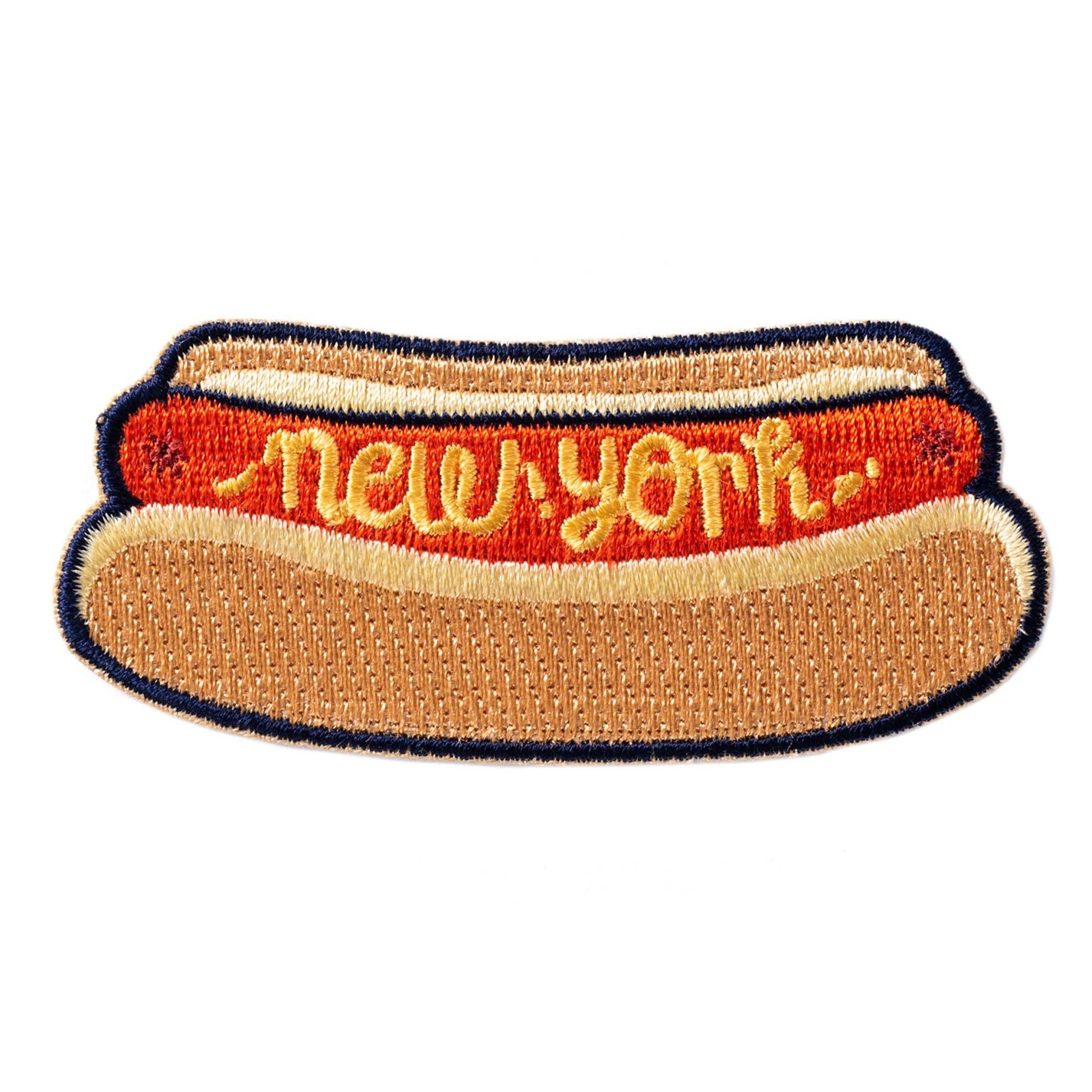 Hot dog-shaped patch with 'New York' text on a white background