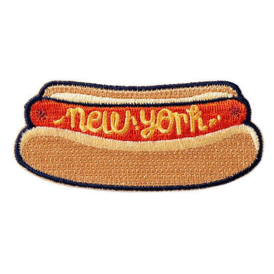 Hot dog-shaped patch with 'New York' text on a white background