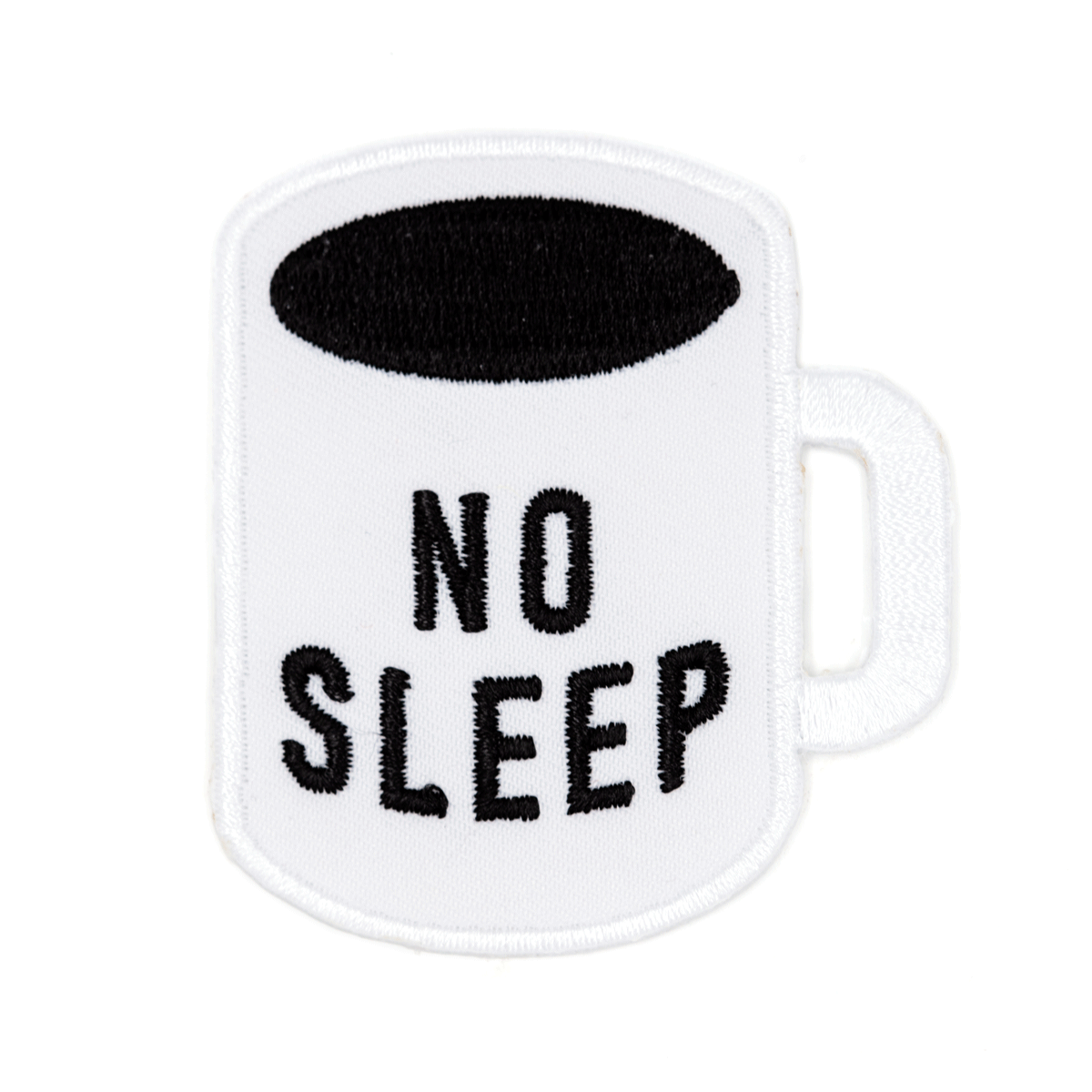 Patch of a white mug with 'NO SLEEP' text on a white background