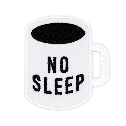 Patch of a white mug with 'NO SLEEP' text on a white background