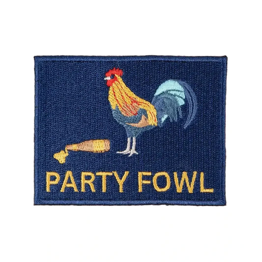 Embroidered patch with a rooster illustration and 'PARTY FOWL' text on a beige background
