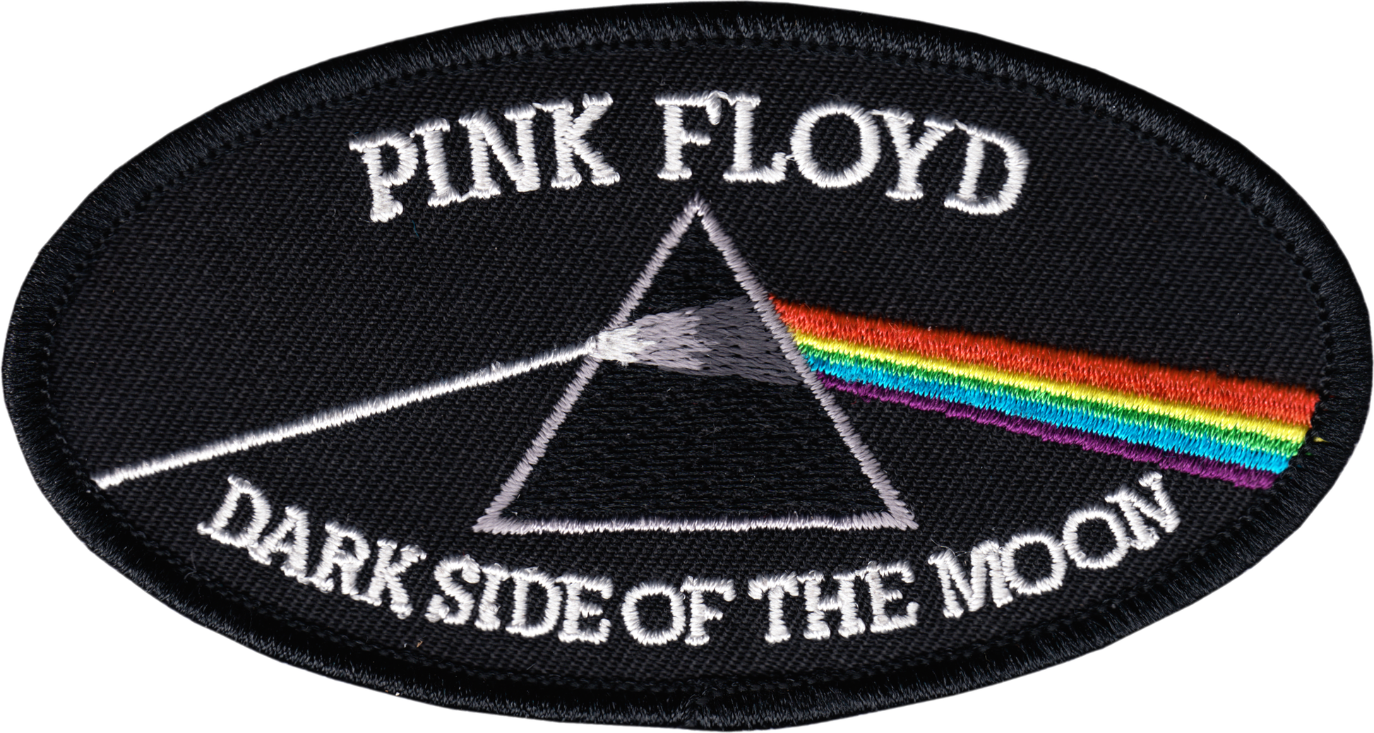 An oval embroidered patch featuring the Pink Floyd 'Dark Side of the Moon' design, with white text, a black triangle, and a rainbow prism on a black background.