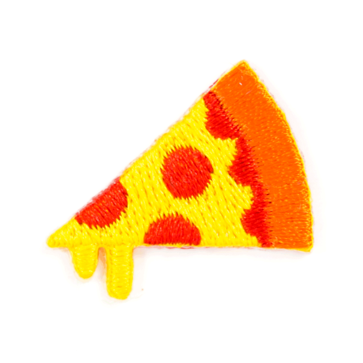 Embroidered patch of a pizza slice with red sauce and yellow cheese on a white background
