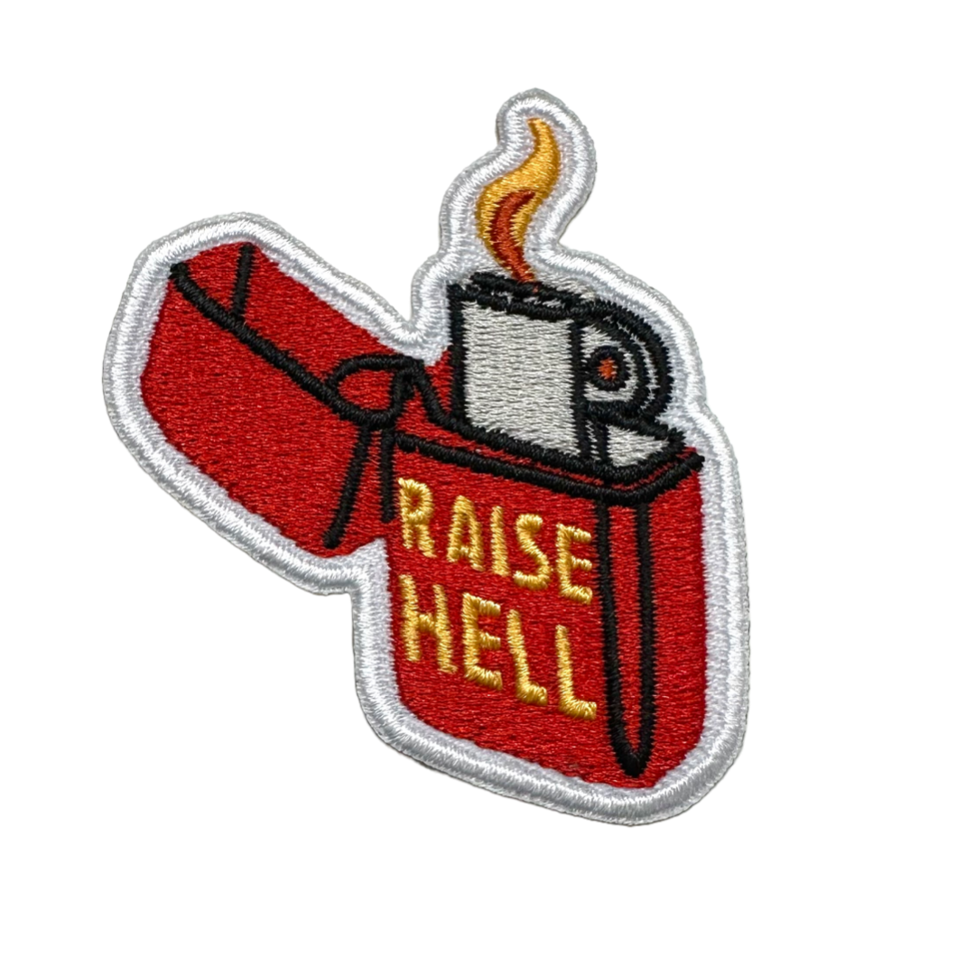 Patch with a red toolbox, coffee cup, and 'Raise Hell' text on a white background