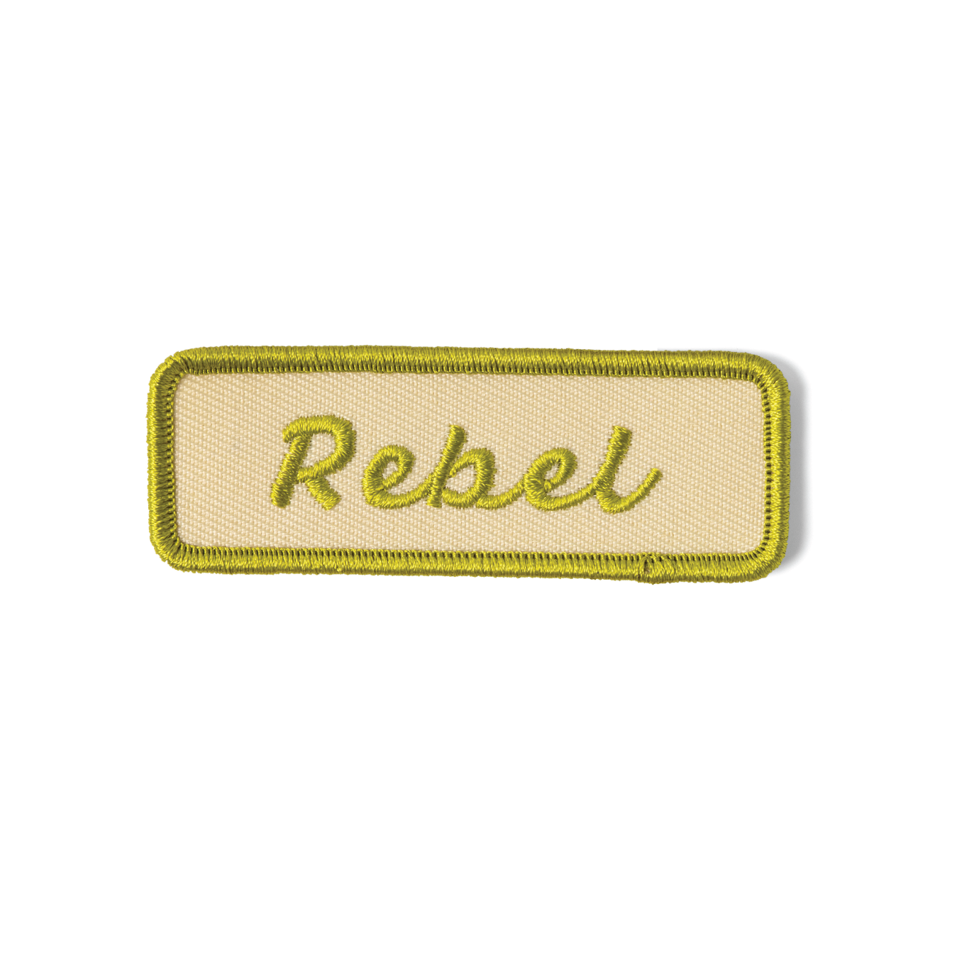 Patch with 'Rebel' text on a beige background