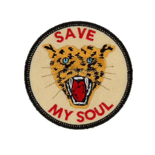 round iron on patch with black border that reads, save my soul with a spotted leopard in the center