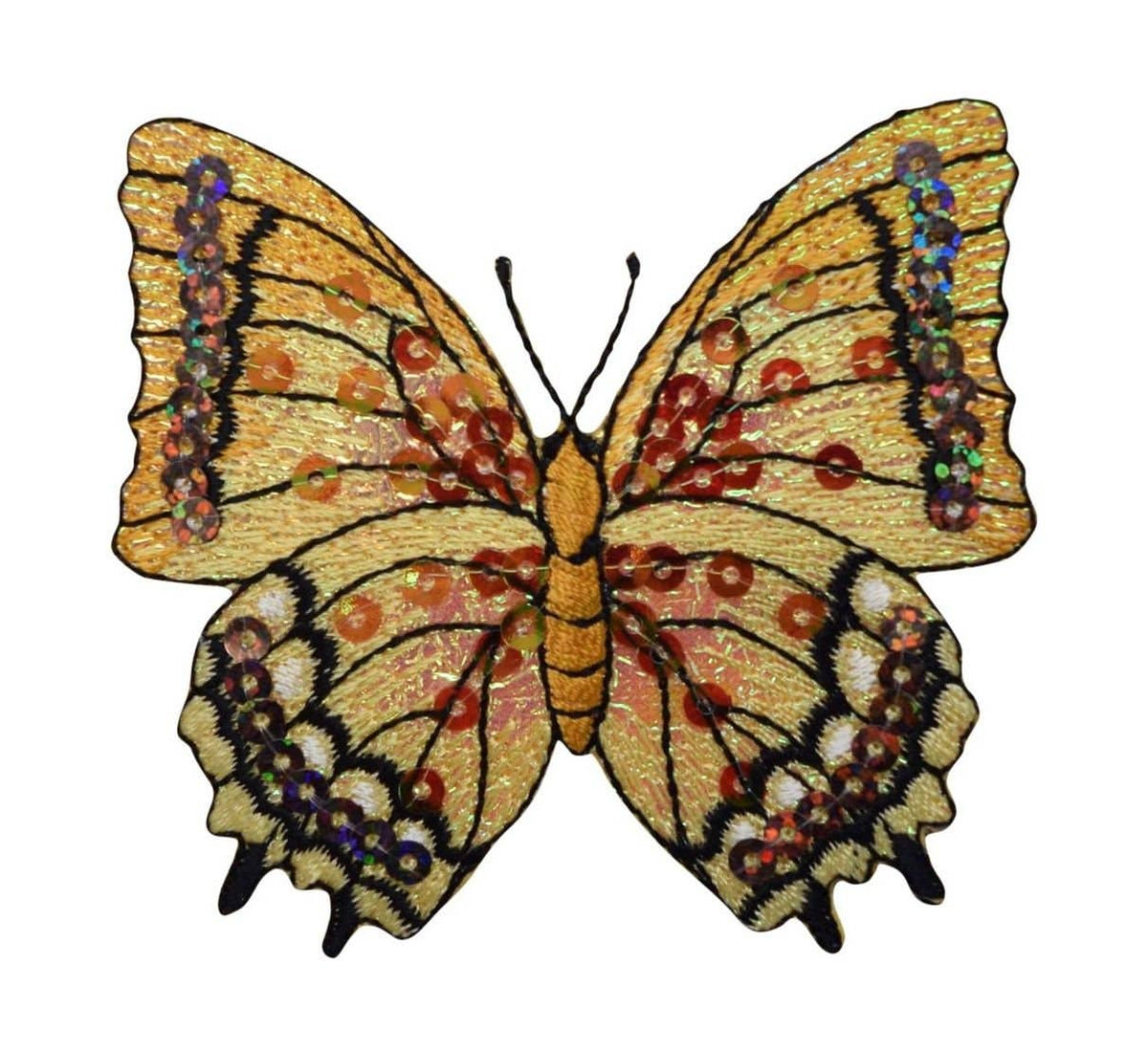 An embroidered butterfly patch with golden-yellow wings, black outlines, and red, orange, and purple spotted details, shown on a plain white background.