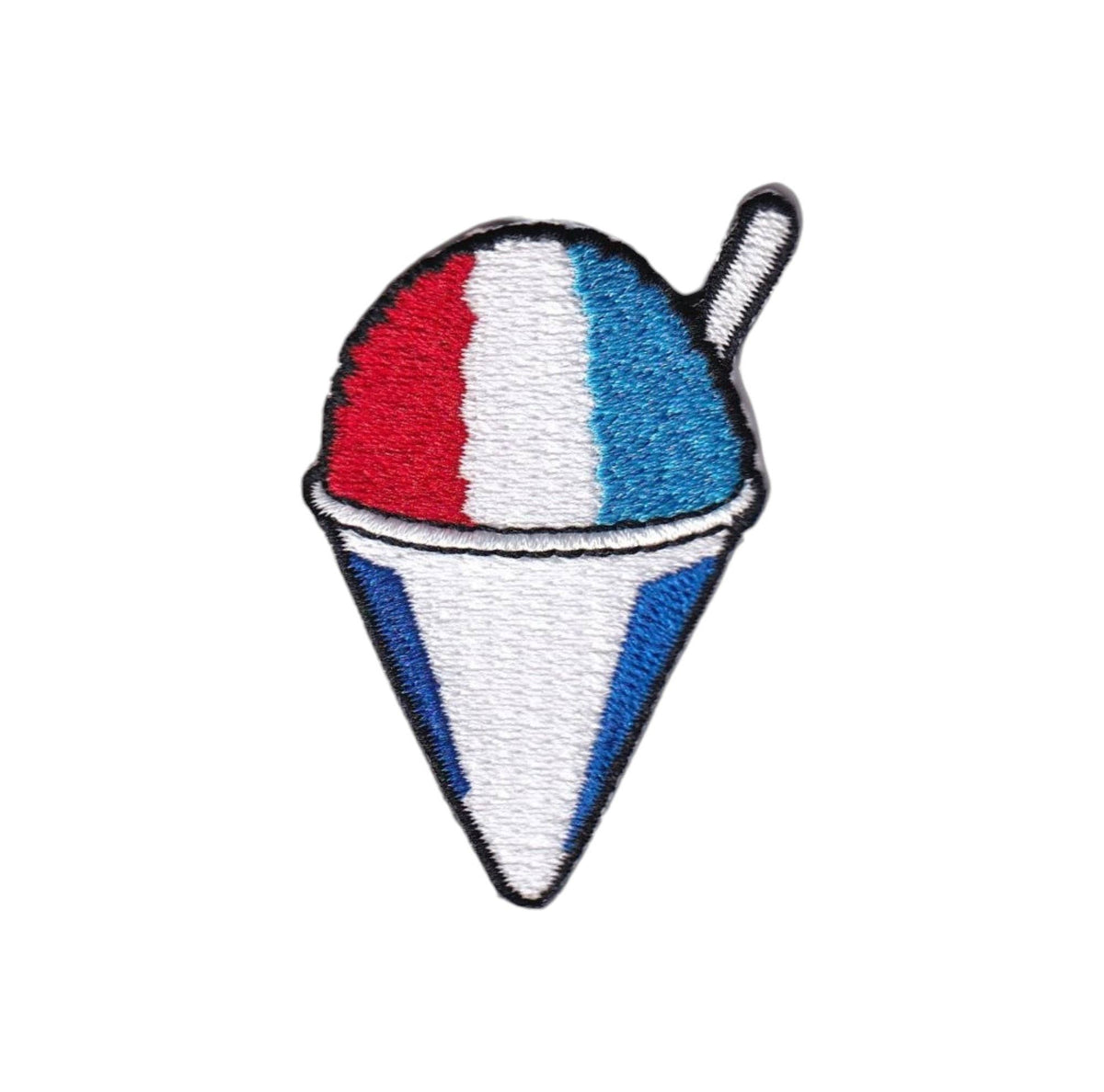 An embroidered patch shaped like a shaved ice cream cone, featuring vertical red, white, and blue stripes on the scooped ice cream and a white cone with blue side accents, outlined in black thread on a plain white background.