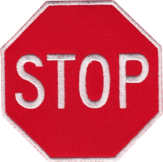 Red stop sign patch with white 'STOP' text on a white background