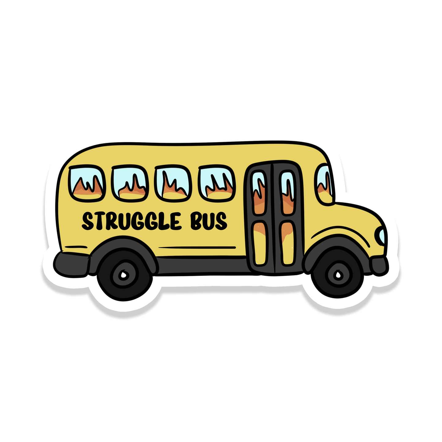 A die-cut sticker featuring a cartoon yellow school bus with the words 'STRUGGLE BUS' printed on the side, shown on a plain white background.