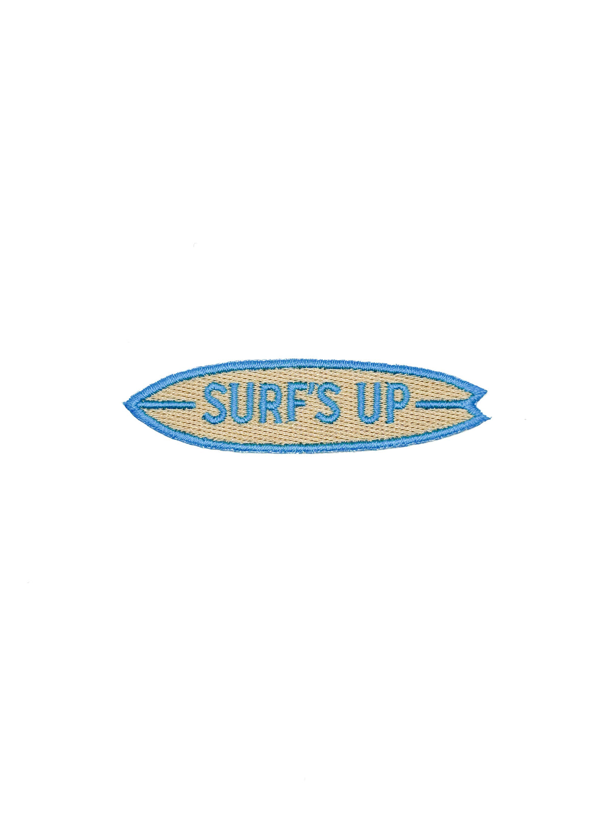 Embroidered patch of a surfboard with 'SURF'S UP' text on a white background