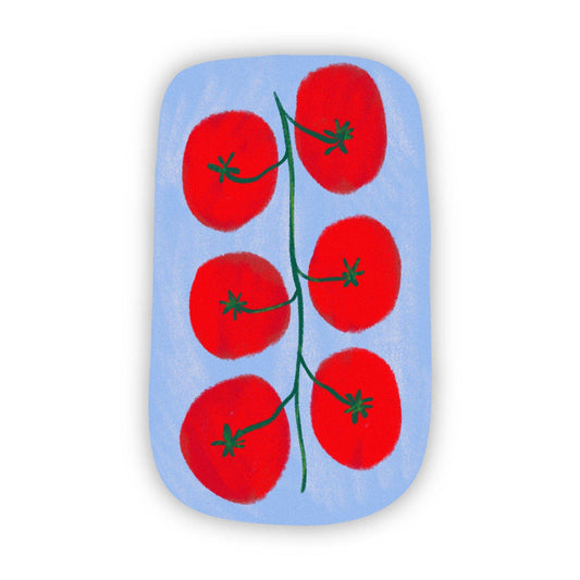 Rectangular plate with red tomatoes on a blue background