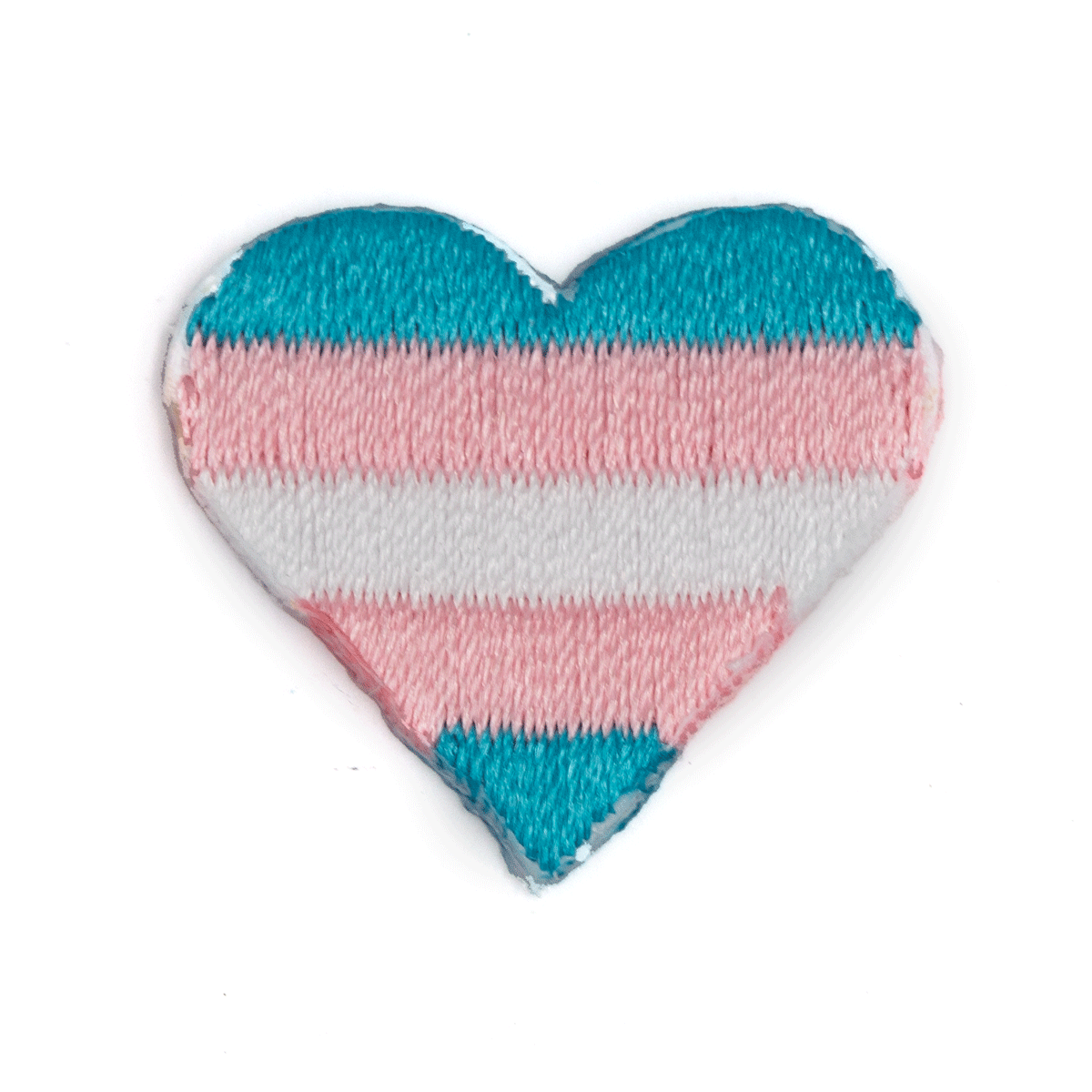 Heart-shaped patch with blue, pink, and gray stripes on a white background