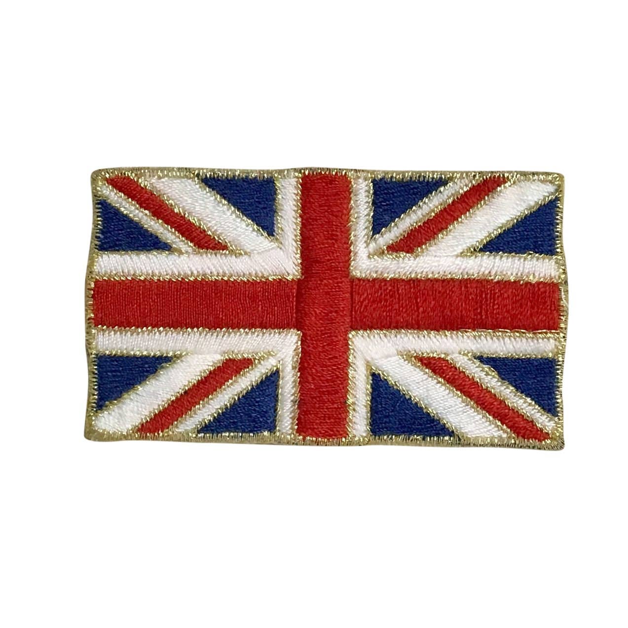 Embroidered patch of the Union Jack flag on a white background