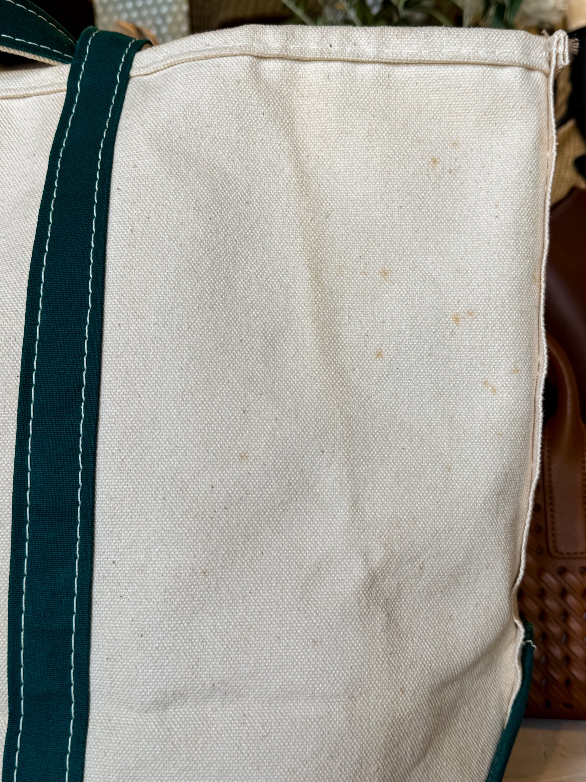 Close-up of a beige tote bag with green straps on a blurred background