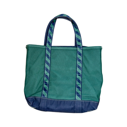 Green tote bag with blue accents on a white background