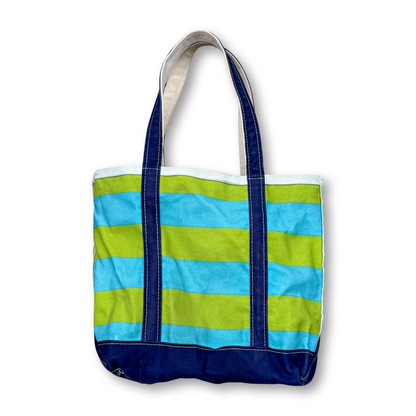 Tote bag with blue and green stripes on a white background