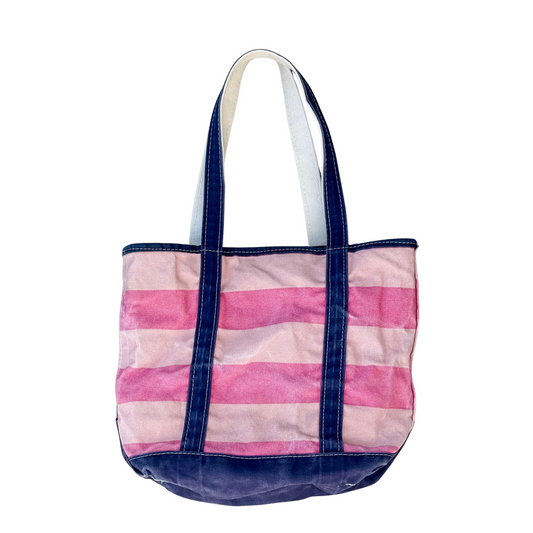 Striped tote bag with pink and blue pattern on a white background