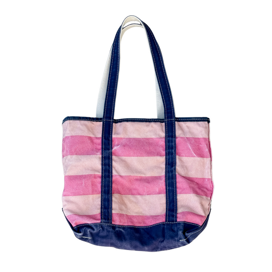 Striped tote bag with pink and white stripes on a white background