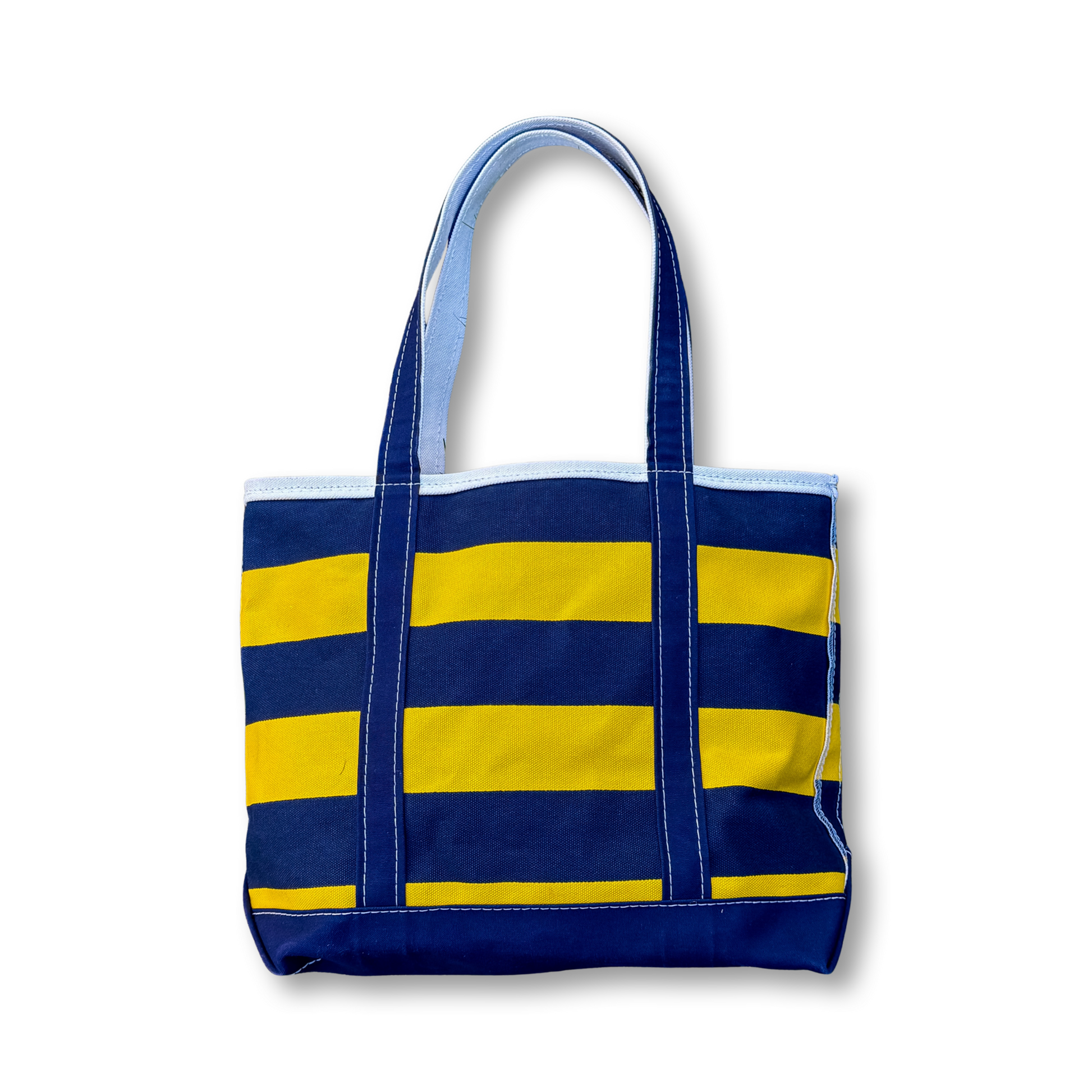 Tote bag with blue and yellow stripes on a white background