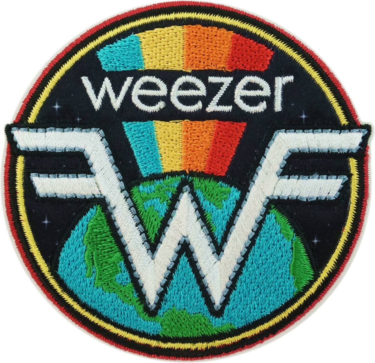 Weezer logo patch with colorful design on a black background