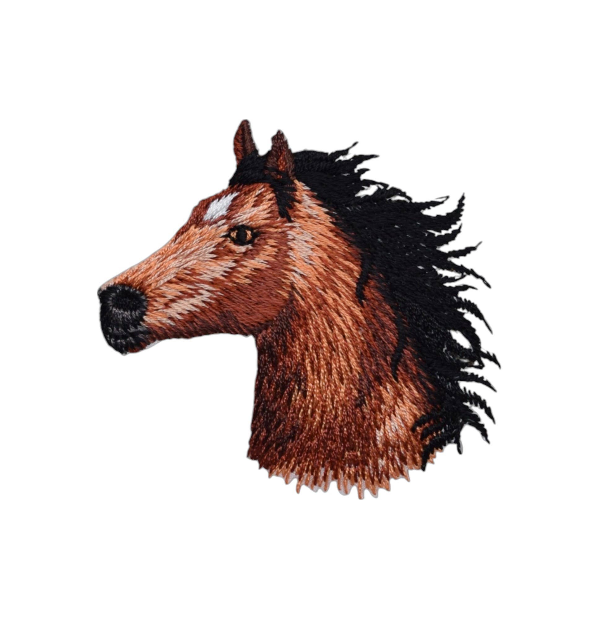 Embroidered patch of a horse's head on a white background