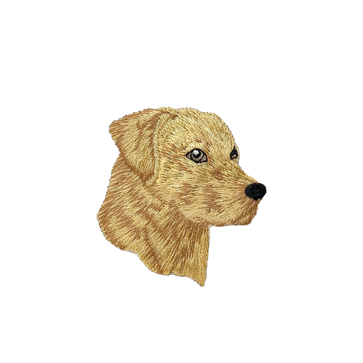Embroidered patch of a dog's head on a white background