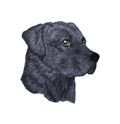 Embroidered patch of a black lab's head on a white background