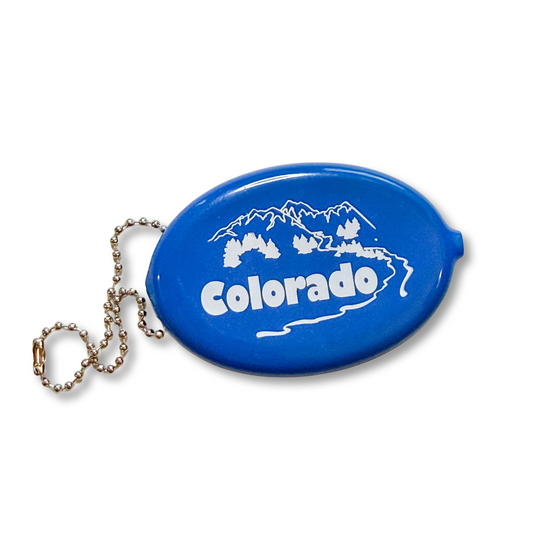 Blue coin purse keychain with 'Colorado' and mountain design on a white background