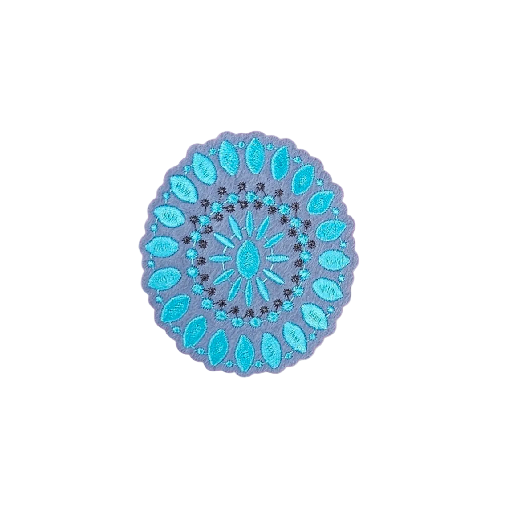 Decorative blue and purple circular mandala patch on a white background