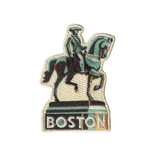 Embroidered patch with a statues of a rider on a horse and 'Boston' text on a white background