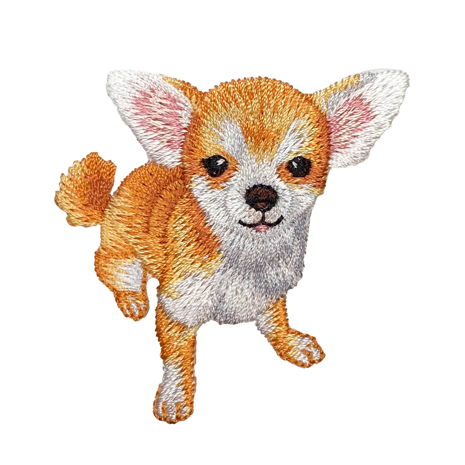 Embroidered patch of a chihuahua dog on a white background
