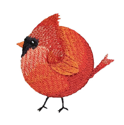 Embroidered chubby red cardinal patch on a white background