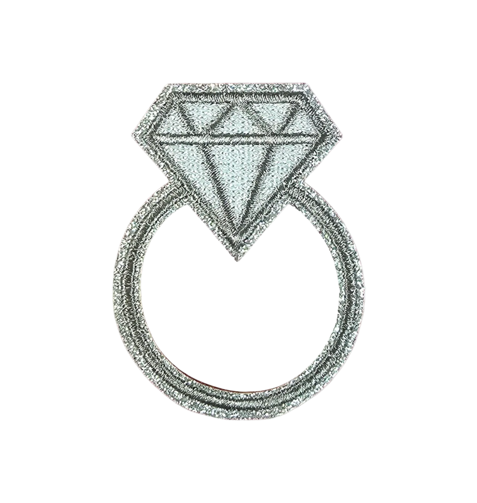 Embroidered diamond ring patch on white background.