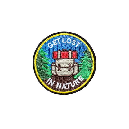 Patch with 'Get Lost in Nature' text and backpack design on a white background