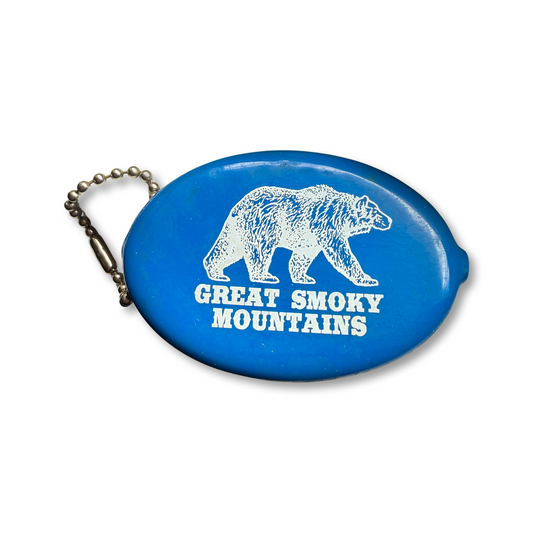 Blue keychain with bear illustration and 'Great Smoky Mountains' text on a white background