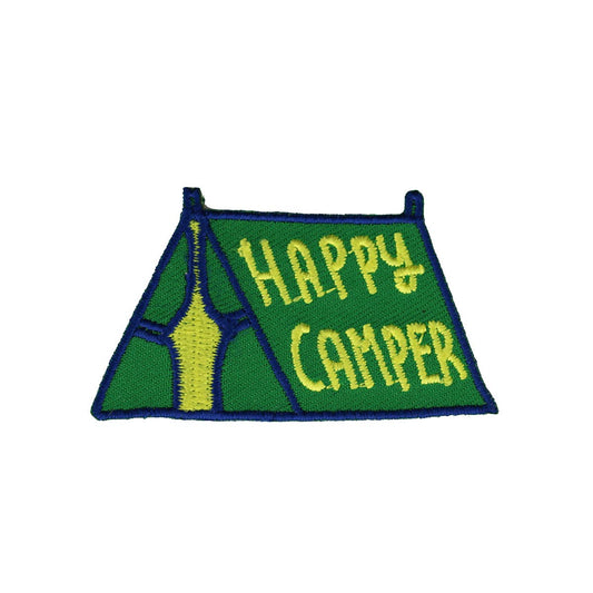 Embroidered patch of a tent with 'Happy Camper' text on a white background