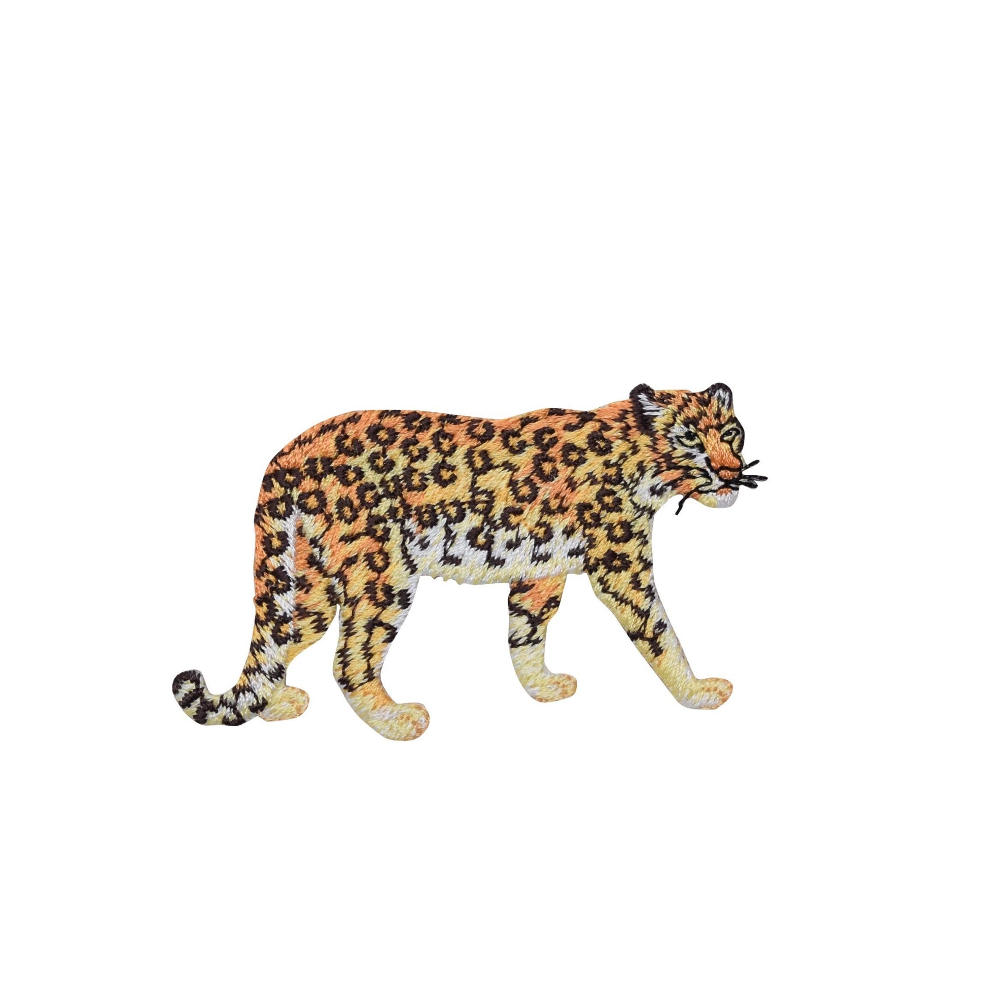 Embroidered leopard patch on a white background