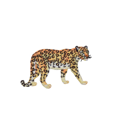 Embroidered leopard patch on a white background