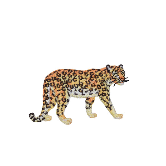 Embroidered leopard patch on a white background