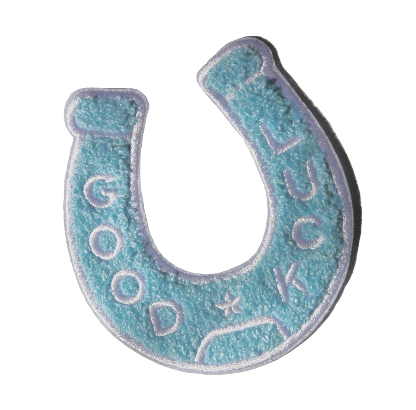 Blue lucky horseshoe patch with text on a white background