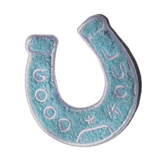 Blue lucky horseshoe patch with text on a white background