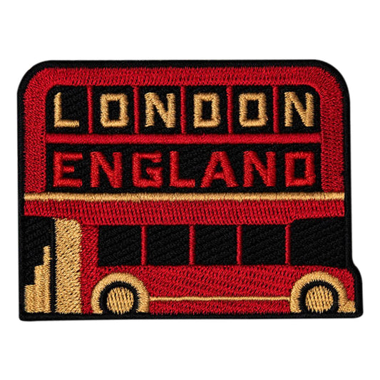 Embroidered patch of a red double-decker bus with 'London England' text on a white background