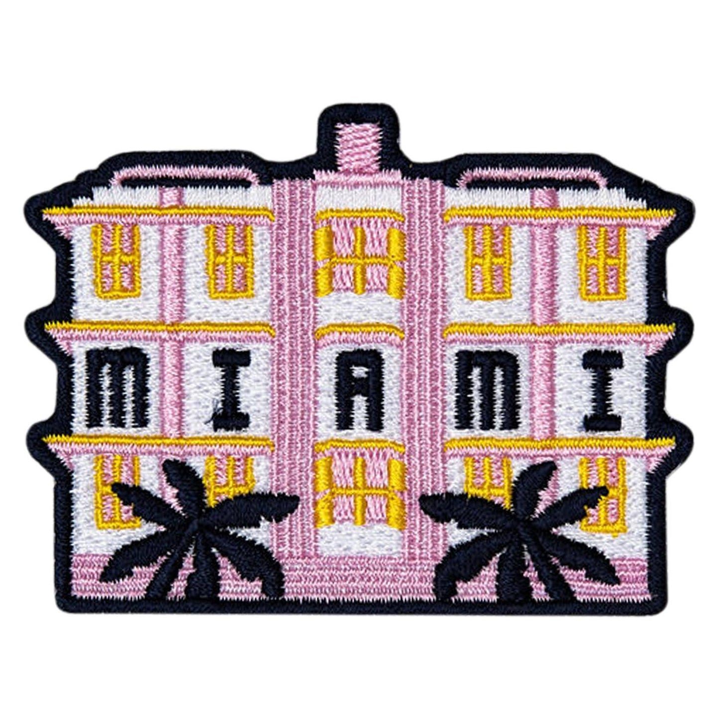 Embroidered patch of a pink building with 'Miami' and palm trees on a white background