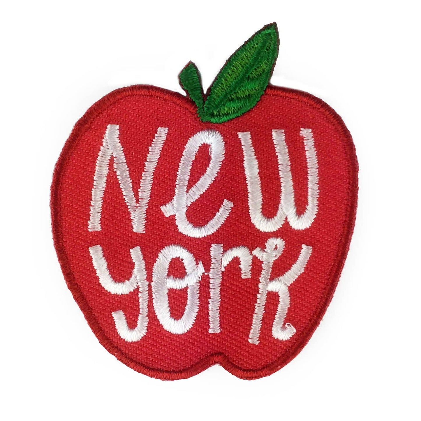 Red apple-shaped patch with 'New York' text on a white background