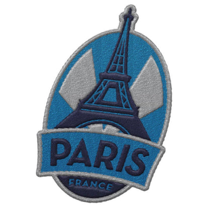 Embroidered patch with Eiffel Tower and 'Paris France' text on a blue background